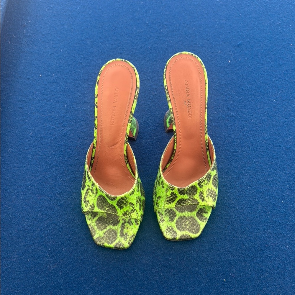Amina Muaddi Green Mules with Bold Pattern